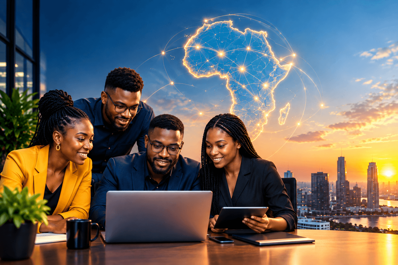 A team reviewing work on a laptop, with a connected map of Africa behind them