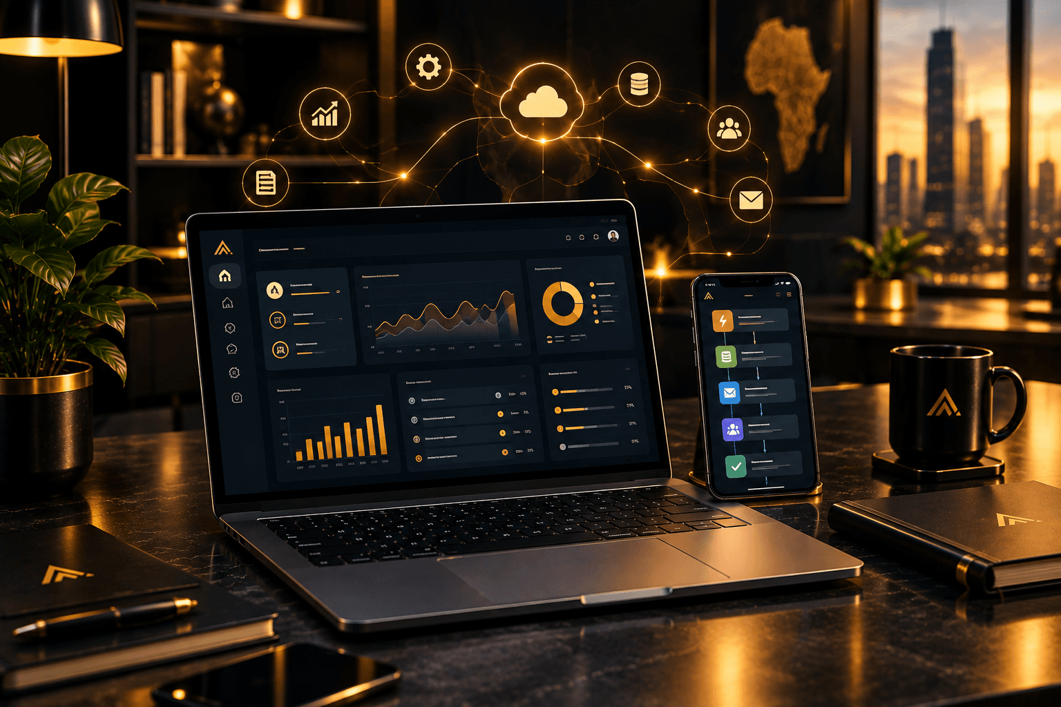 An analytics dashboard and automation workflow on a laptop and phone