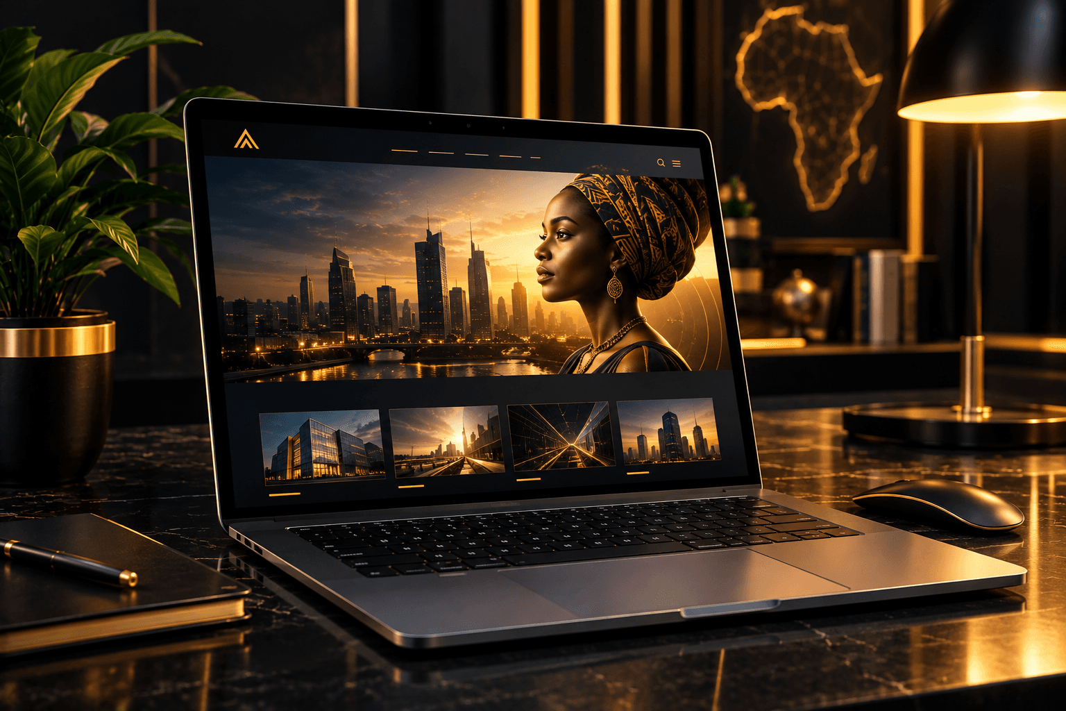 A corporate website homepage shown on a laptop