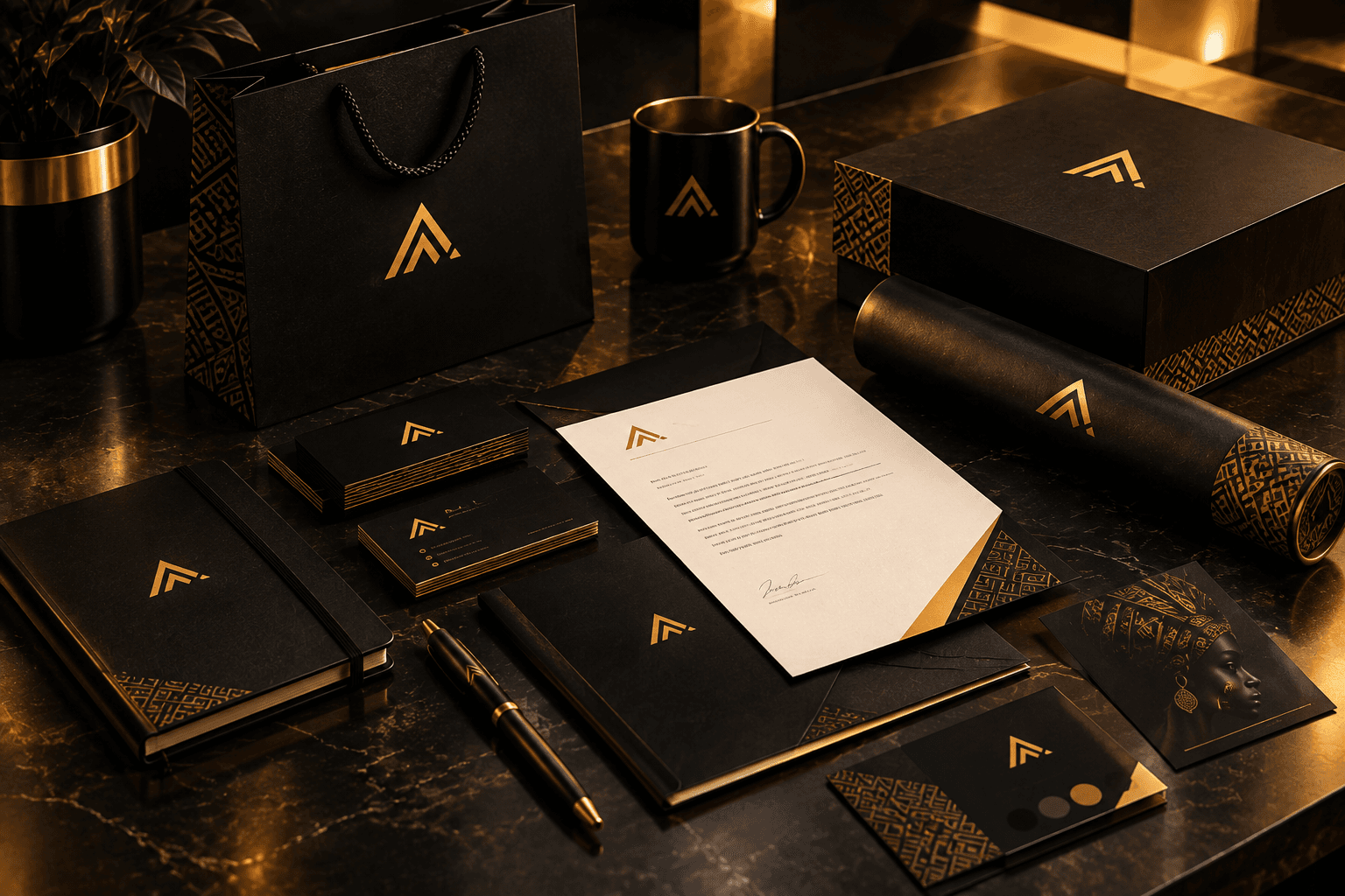 Branded stationery, packaging and business cards on a desk