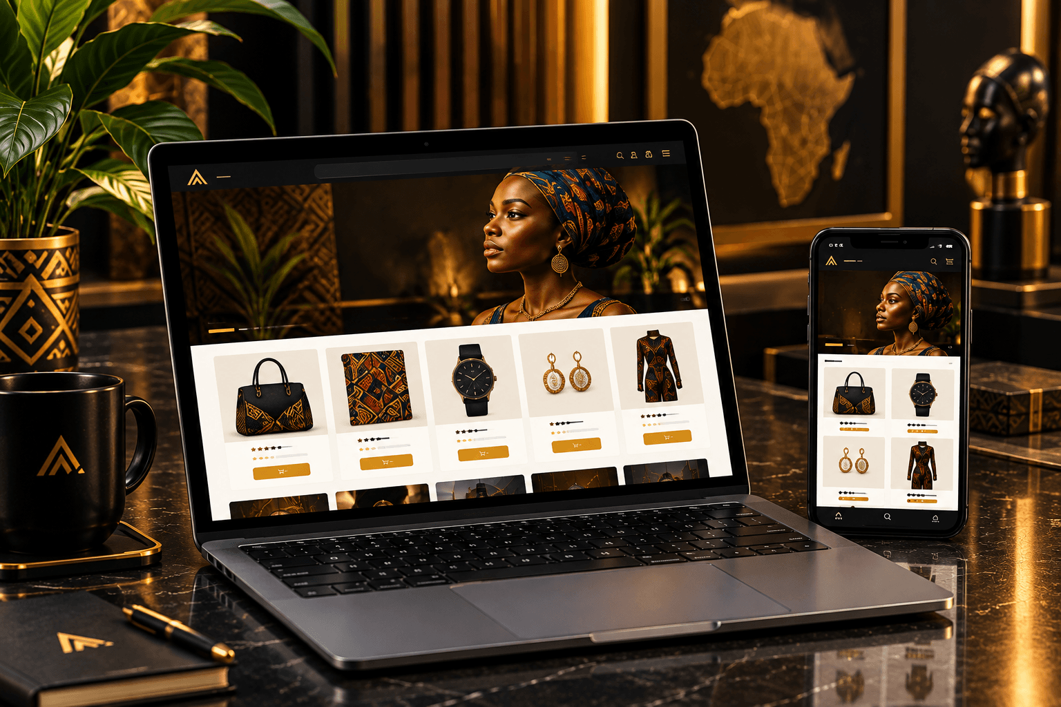 An online storefront shown on a laptop and a phone